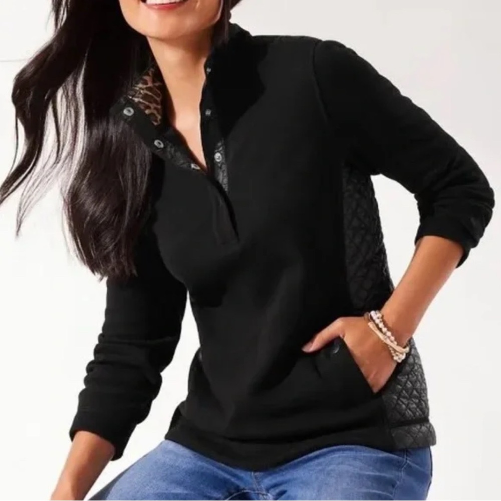 Tommy Bahama Aruba Quilted Half Snap Pullover Black Leopard Small